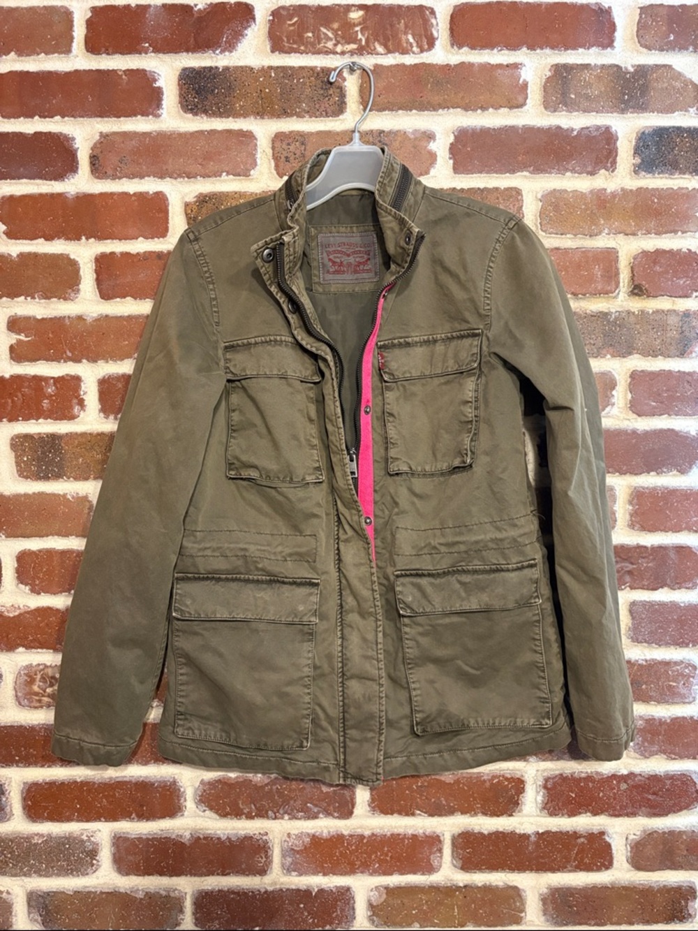 Levi Strauss Olive Green Women's Utility Jacket with Pink Trim size small